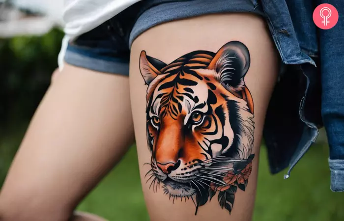 Woman with a feminine tiger tattoo on the thigh