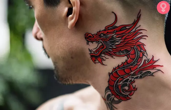 Fiery red dragon head tattoo on the neck of a man