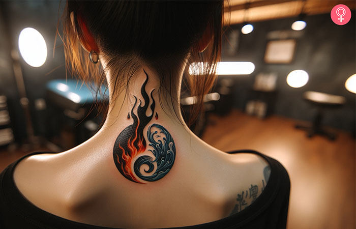 A fire and water tattoo design on the neck of a woman
