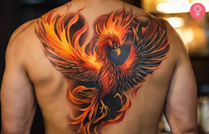 Fire phoenix tattoo design on the back of a man