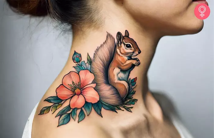 A floral squirrel tattoo on the neck