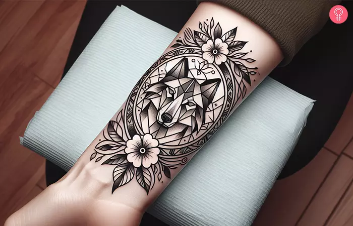 A wolf and floral quarter sleeve forearm tattoo