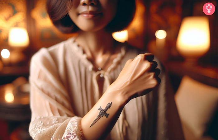 Woman with forearm sword tattoo