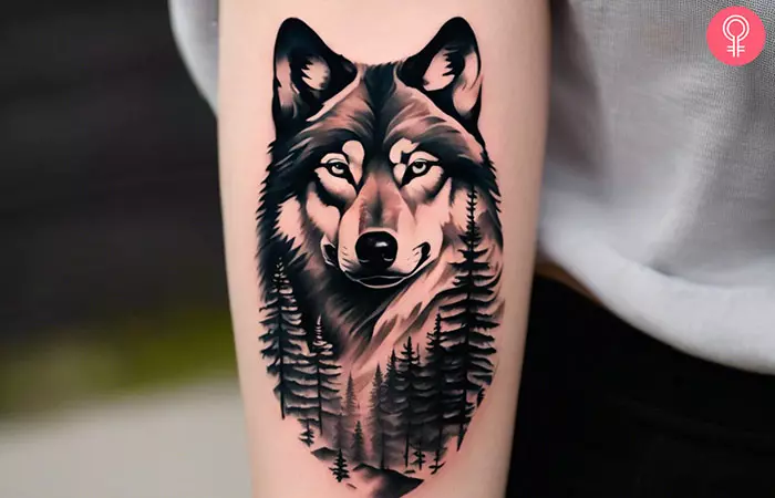 Forest wolf tattoo on the forearm