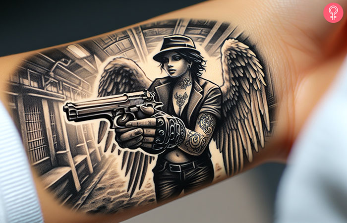 A gangster angel with gun tattoo design on the wrist of a woman