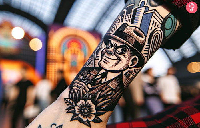A gangster cartoon tattoo above the wrist of a woman