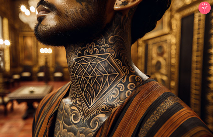 A gangster diamond tattoo design on the neck of a man