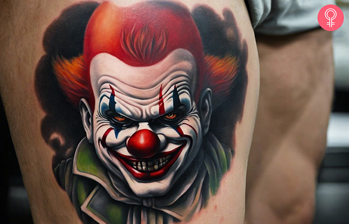 A gangster evil clown tattoo design on the thigh of a man