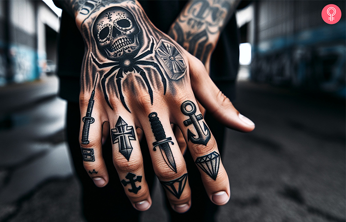 Gangster tattoo on the knuckles of a man