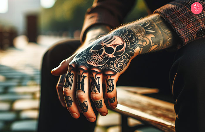 A gangster skull tattoo design on the hand of a man