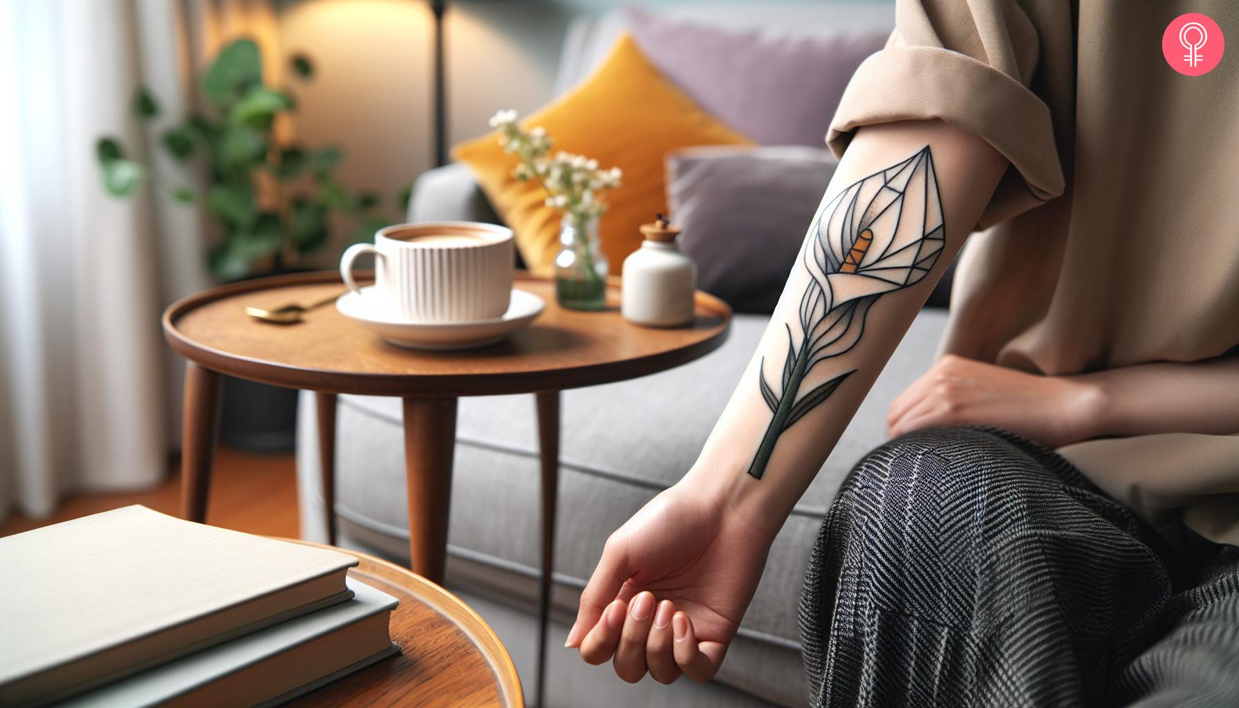 Geometric Calla lily tattoo on a woman's forearm