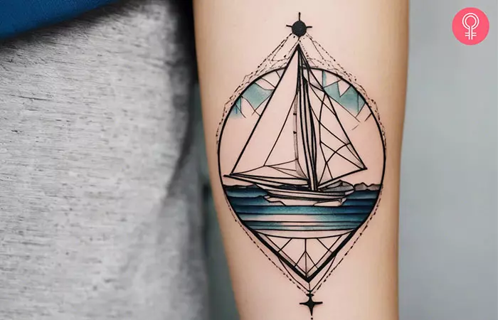 Woman with geometric dotwork sailboat tattoo on the back of the lower arm
