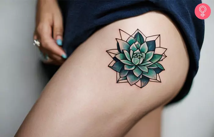 woman with geometric succulent tattoo on her thigh
