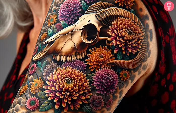 Goat Skull Immersed In Chrysanthemums Tattoo
