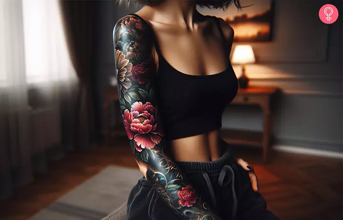 A beautiful peony blackout arm sleeve tattoo