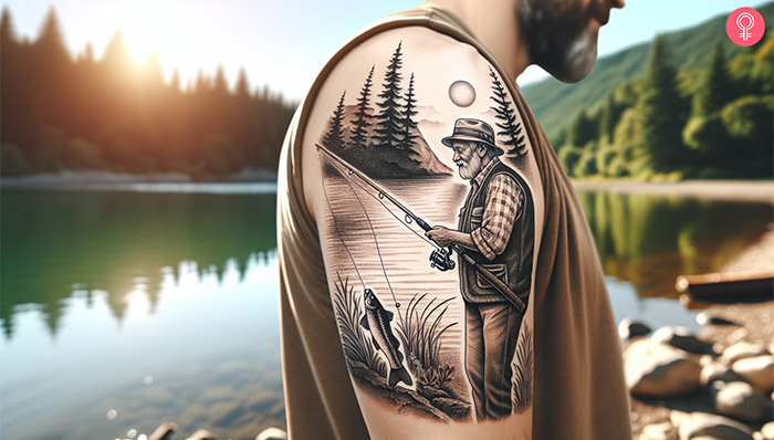 A man with a grandpa fishing tattoo on his upper arm