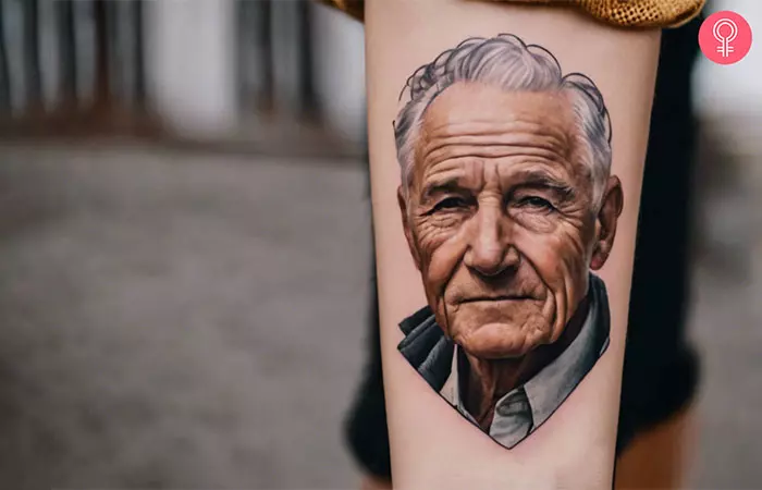 A grandpa portrait tattoo on the arm