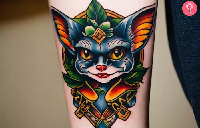 A gremlin tattoo for women on the forearm