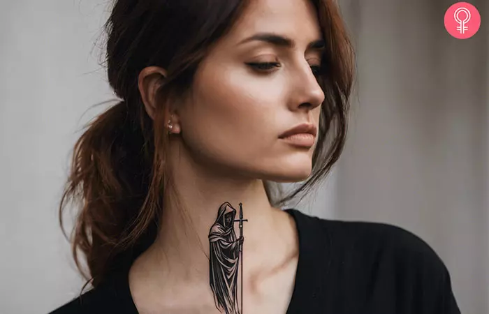 A woman with a Grim Reaper tattoo on her neck