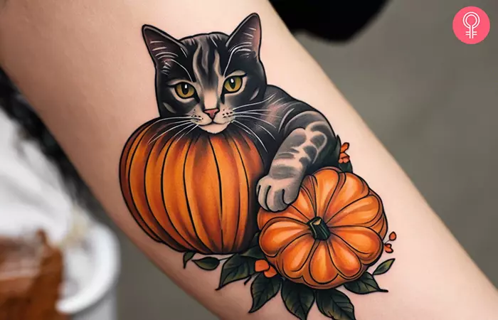 Halloween cat with a pumpkin tattoo on the upper arm