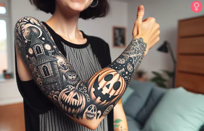 Halloween full-sleeve tattoo on the upper arm