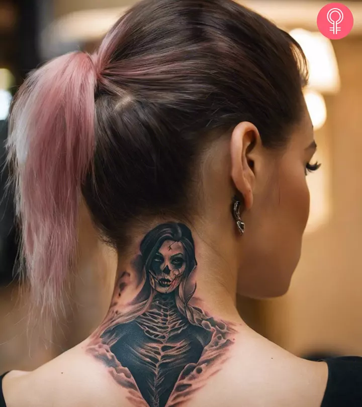 Halloween tattoo on the neck of a woman