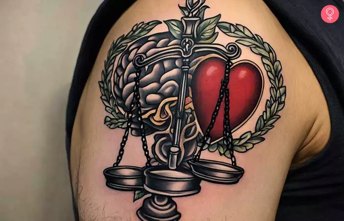 A heart and mind scale tattoo on the upper arm
