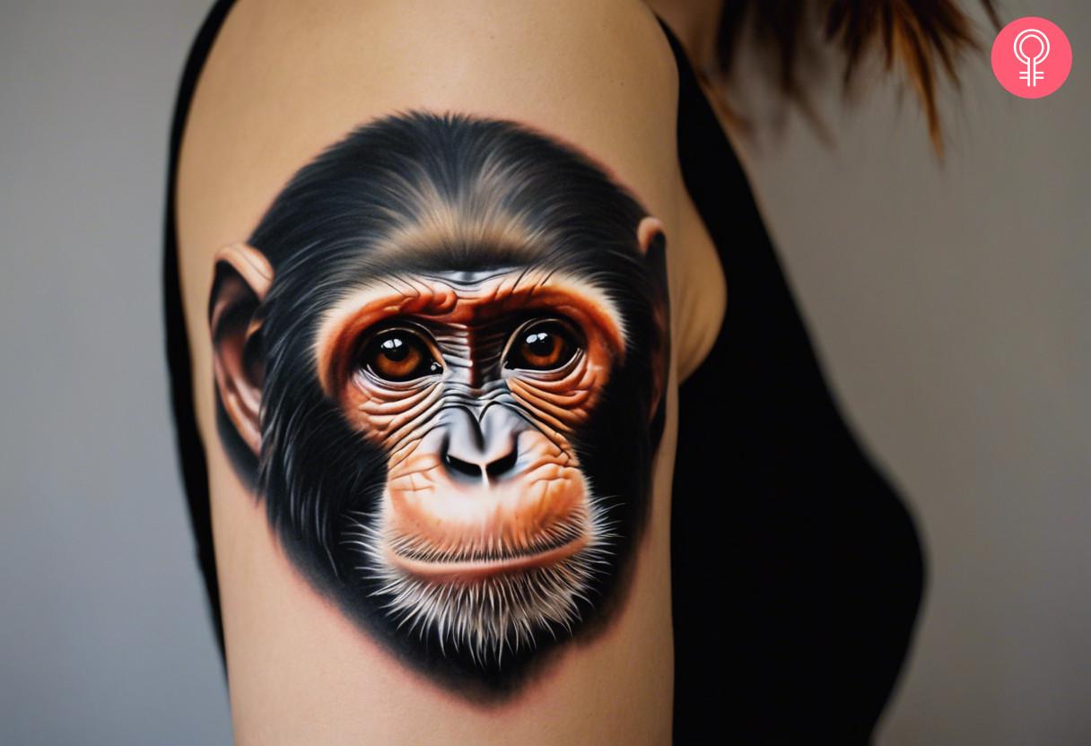 Hyperrealistic monkey tattoo on a woman's upper arm