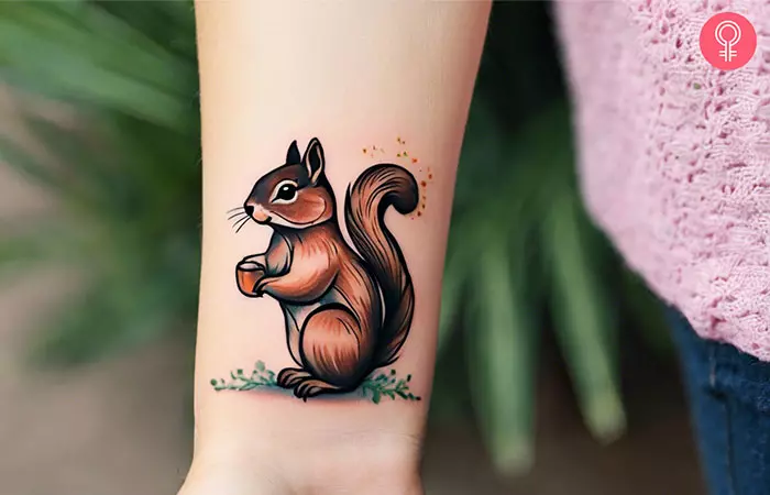An illustrative squirrel tattoo on the wrist