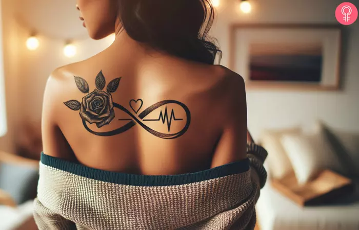 A woman sporting an infinite heartbeat with rose tattoo on the back