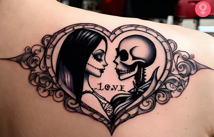 A Jack and Sally love tattoo on the shoulder blade
