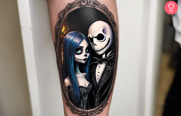 A Jack and Sally tattoo on the upper arm