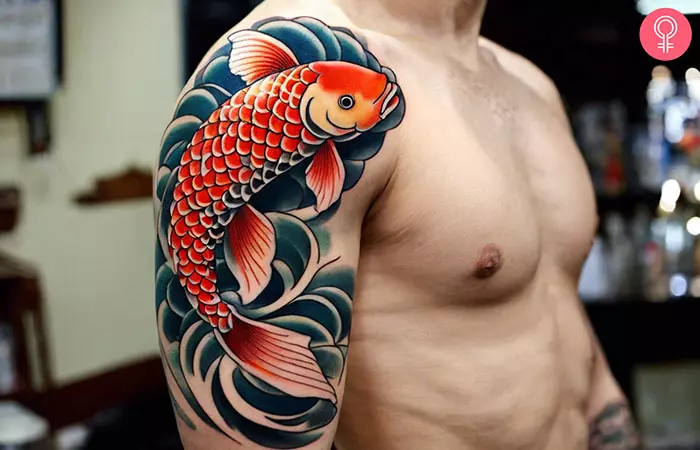 A man with a Japanese quarter sleeve tattoo