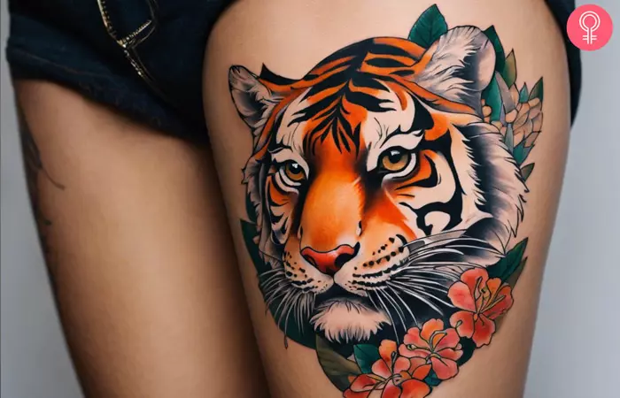 Woman with a Japanese tiger tattoo on the thigh