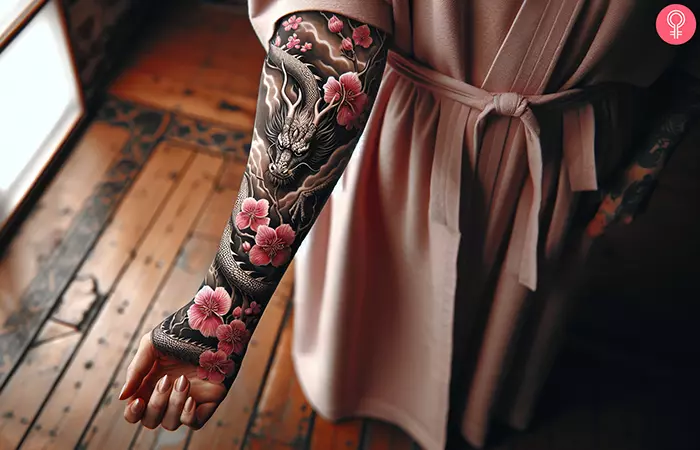 Japanese dragon tattoo for women with floral design