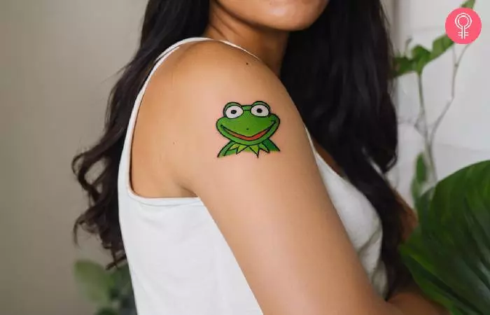 Kermit the frog tattoo on a woman’s upper arm