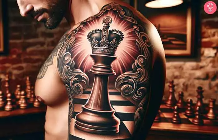 A king chess piece with crown tattoo on the shoulder of a man