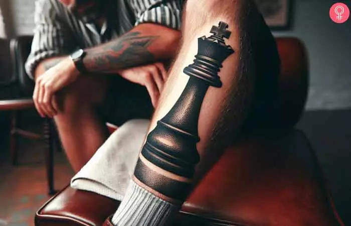 A rook chess piece tattooed on the lower leg of a man