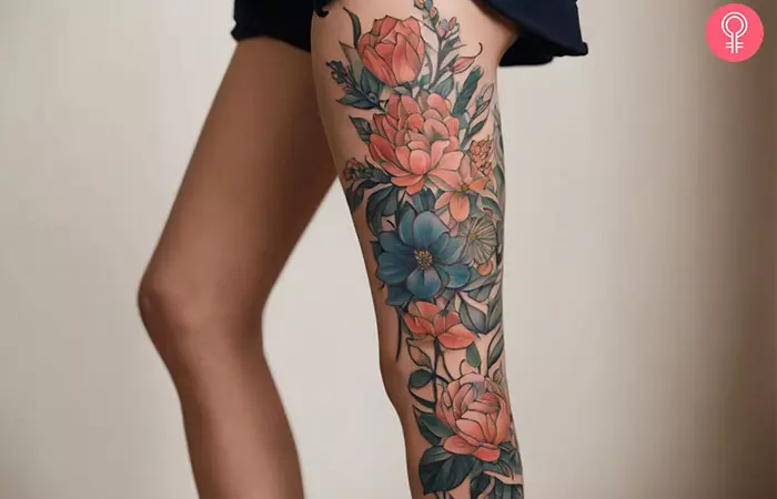 woman with leg sleeve tattoo