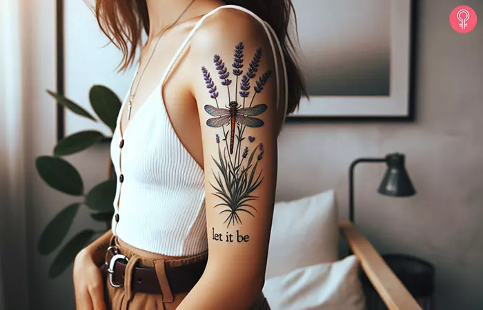 A let it be tattoo with dragonfly and lavender
