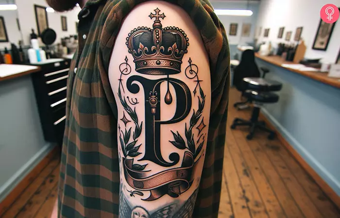 P with a regal crown tattoo on the arm of a man