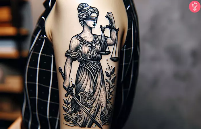 Woman with Libra goddess tattoo on her arm