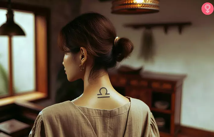 A woman with a Libra tattoo on the nape of her neck