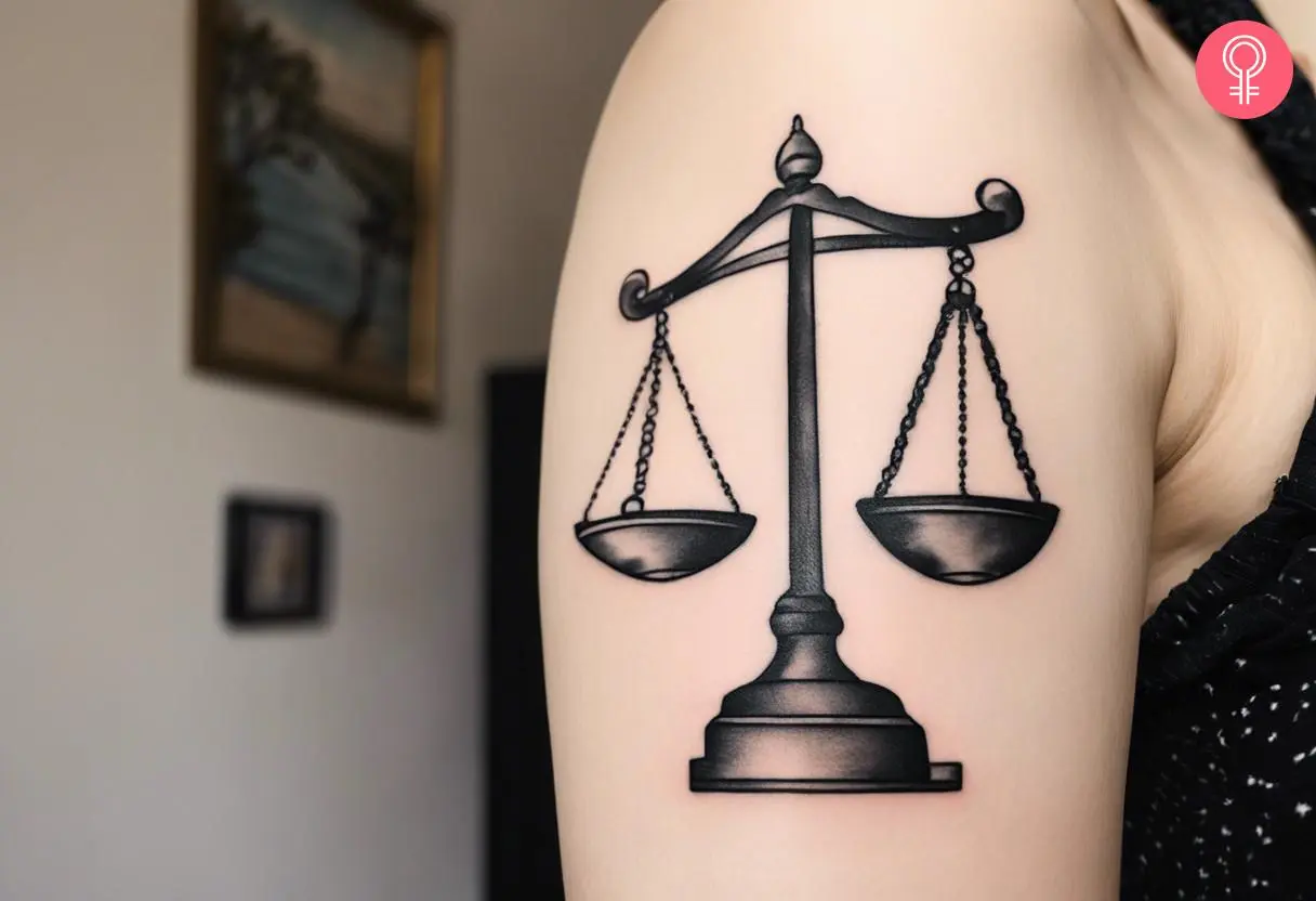 Libra scale tattoo on the upper arm