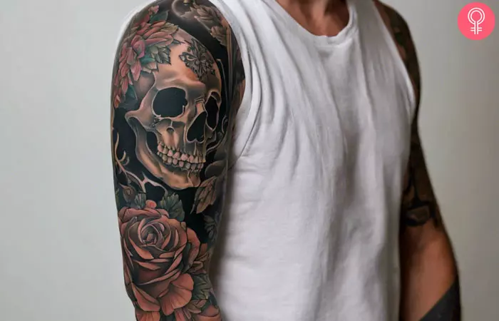 A man sporting a life and death sleeve tattoo 
