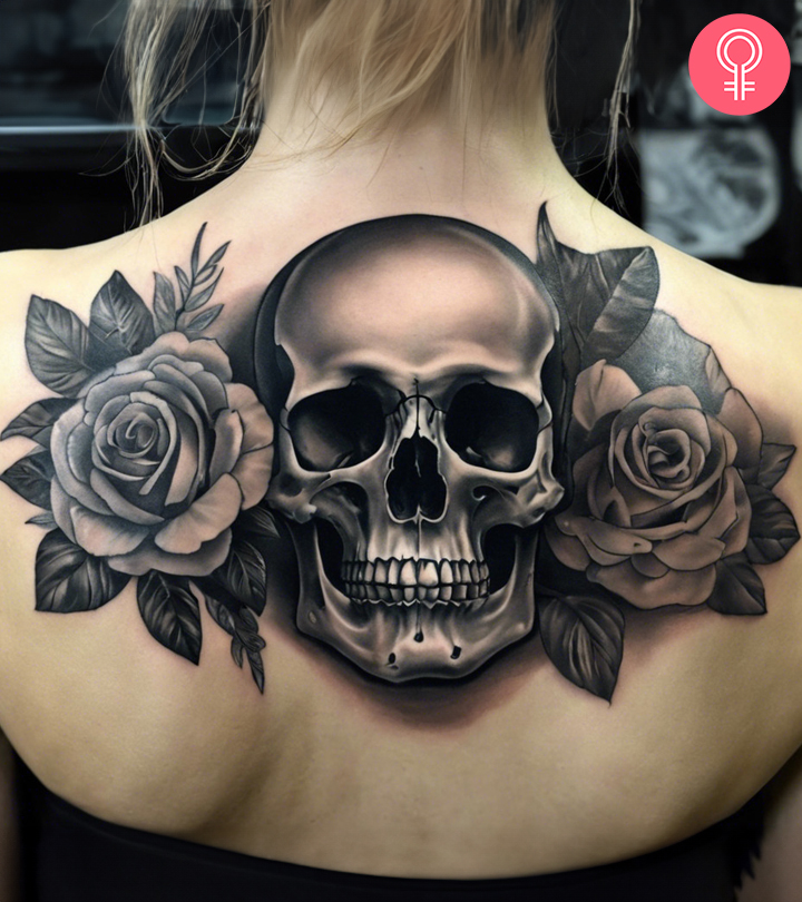 A woman sporting a skull and death grayscale tattoo on her upper back
