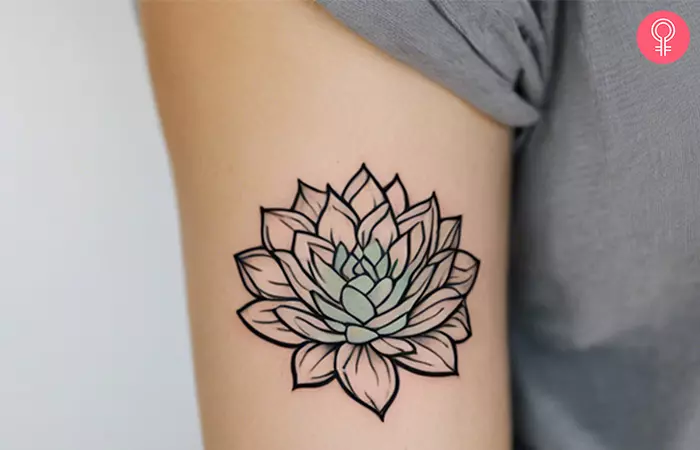 woman with linework succulent tattoo on her upper arm
