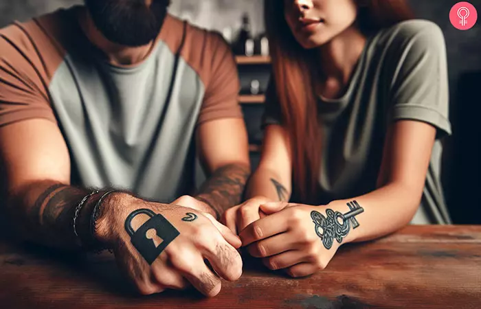 Couple with lock and key wedding tattoos
