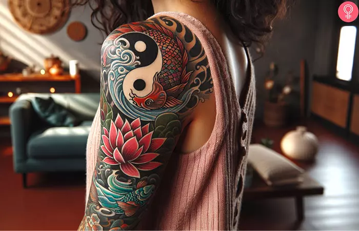 A lotus flower, yin yang, and koi fish tattoo on the arm