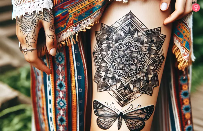 A woman with a thigh tattoo of a butterfly under a mandala